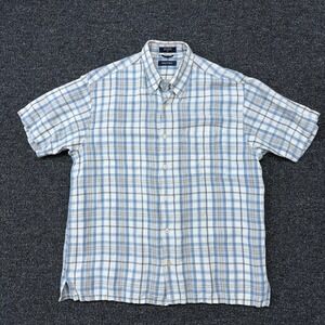 Nautica Mens Blue Plaid Short Sleeve Linen Rayon Button Down Shirt Size M